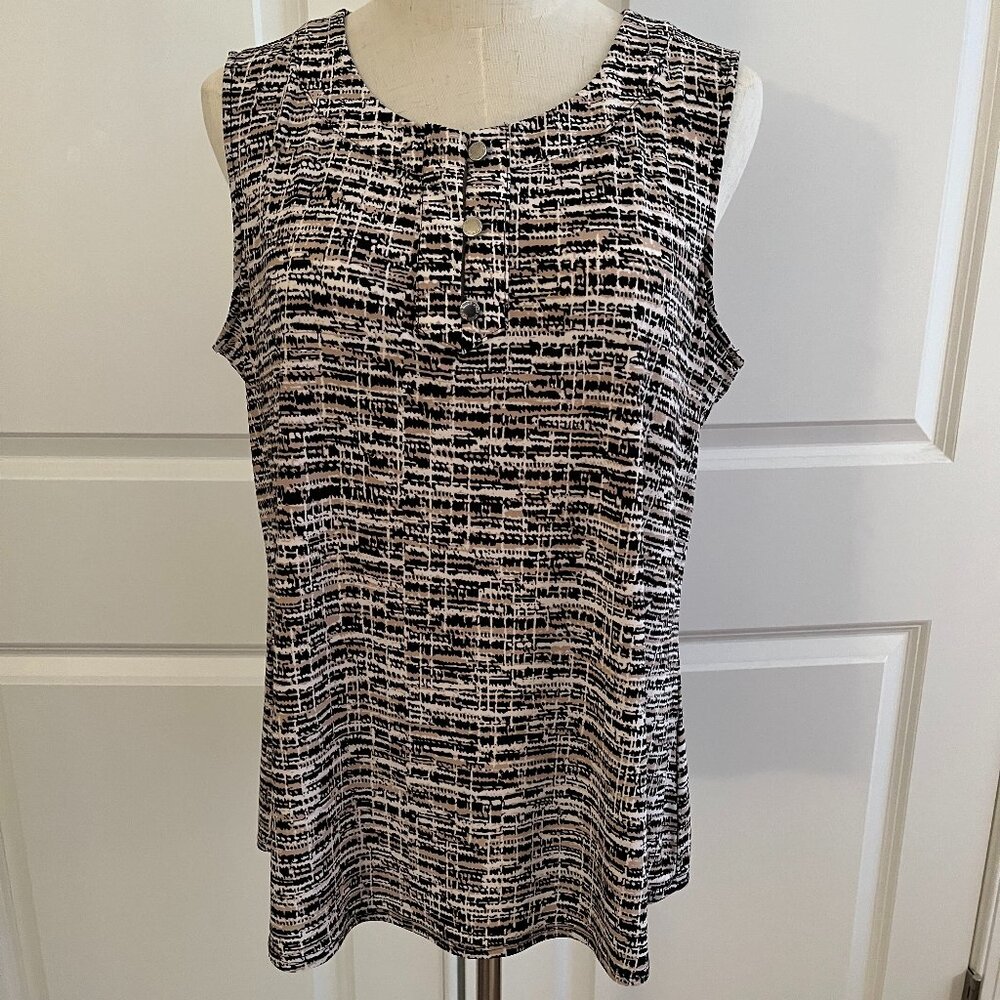 Jones Studio Black, White, and Tan Abstract Sleeveless Blouse - L